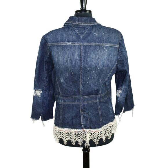 Tommy Hilfiger Embellished Distressed Denim Jacket Crochet Lace Y2K XL - Picture 3 of 4